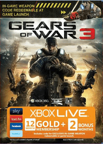 12 + 2 mois d'abonnement Xbox Live Gold - Gears of War 3 Branded (Xbox One/360)